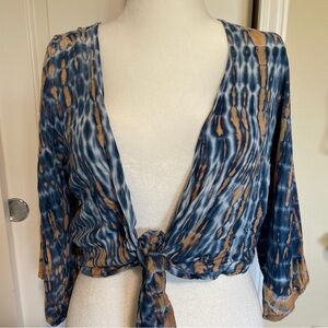 Tie-Front Blue Tie Dye Crop Top Festival Cottagecore Boho Y2K Style Medium